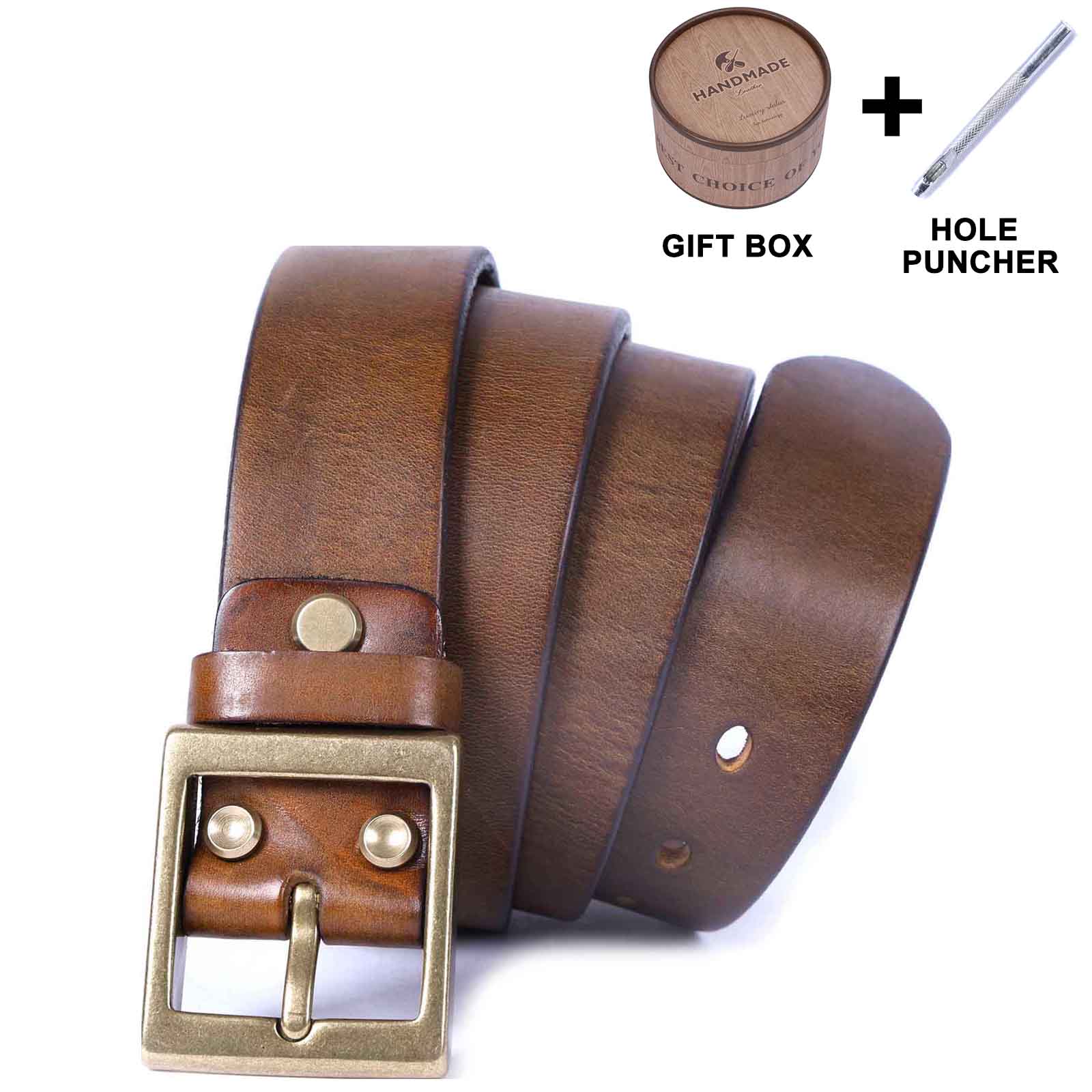 Genuine Leather Men's Belt & Thick Full Grain & Solid Brass Buckle