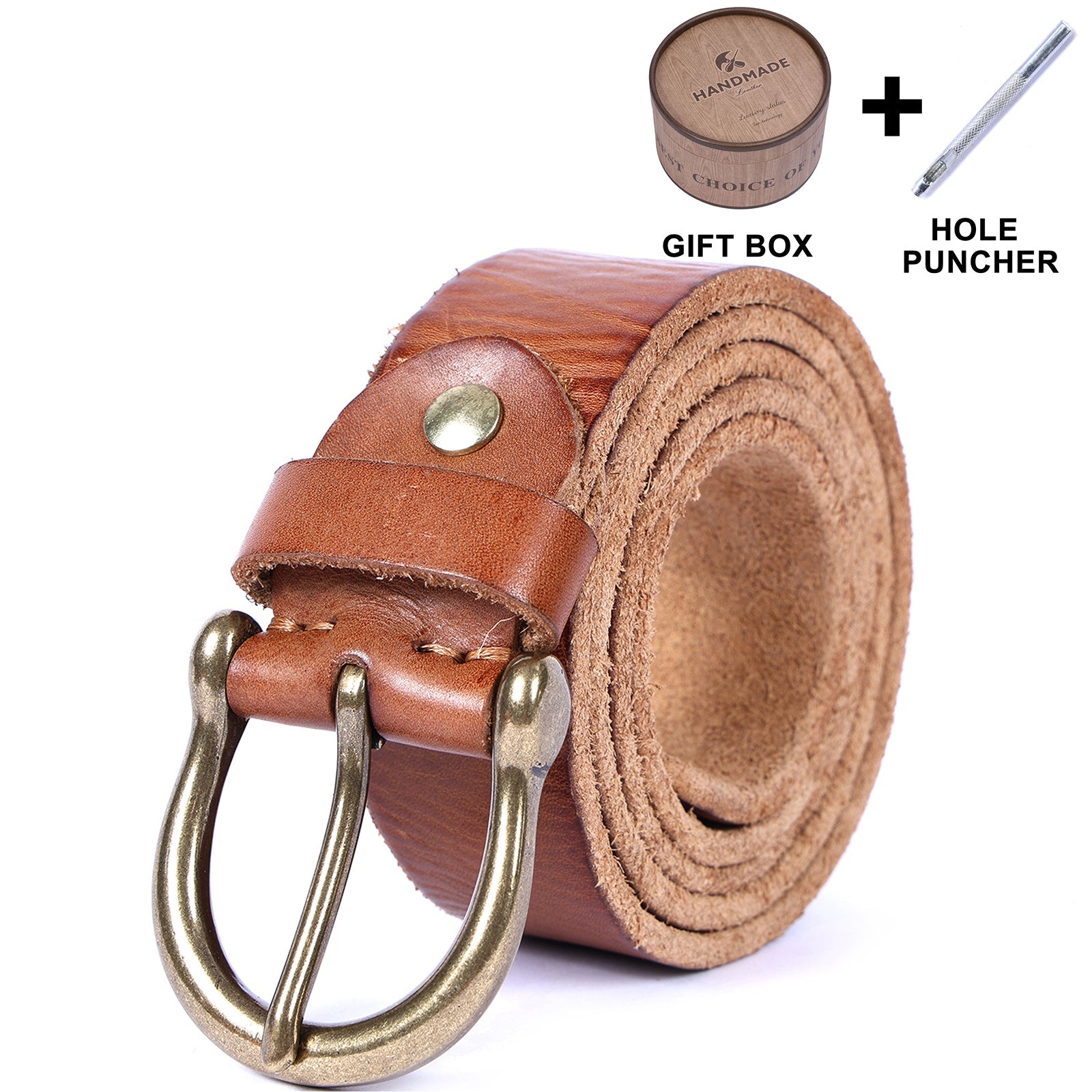 Leather Men's Belt & Genuine Full Grain & Solid Brass Buckle