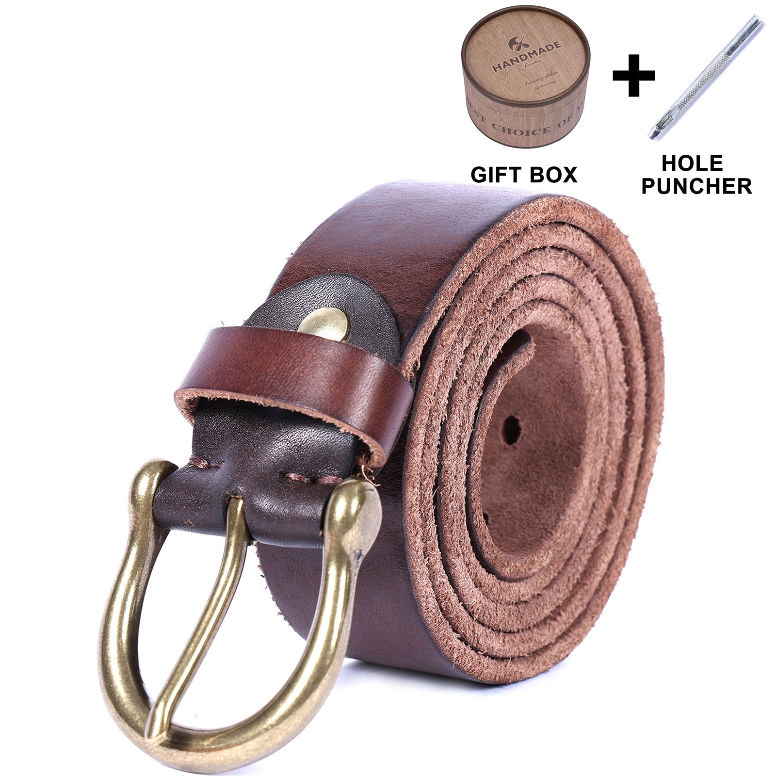 Leather Men's Belt & Genuine Full Grain & Solid Brass Buckle