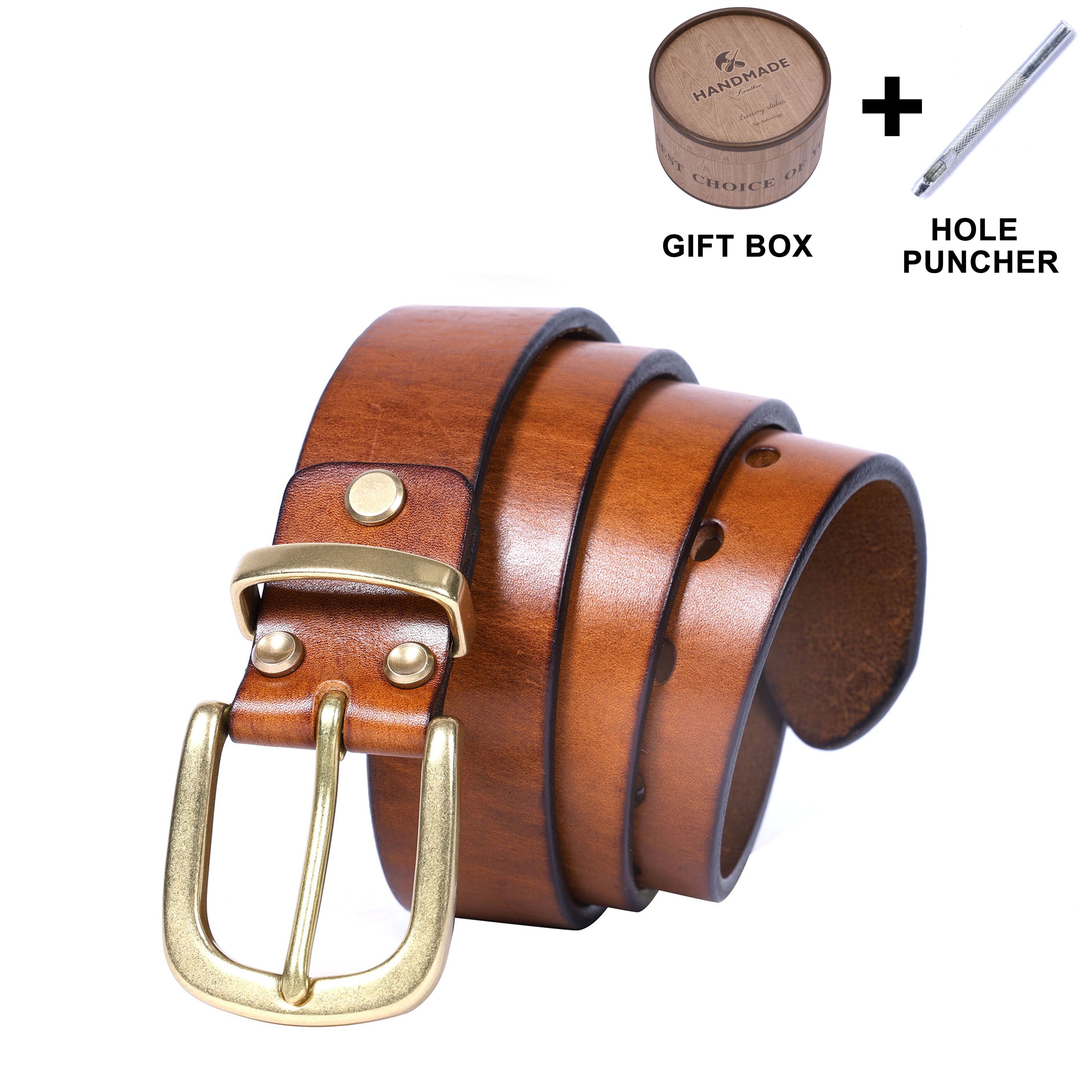 Genuine Leather Men's Belt & Thick Full Grain & Solid Brass Buckle