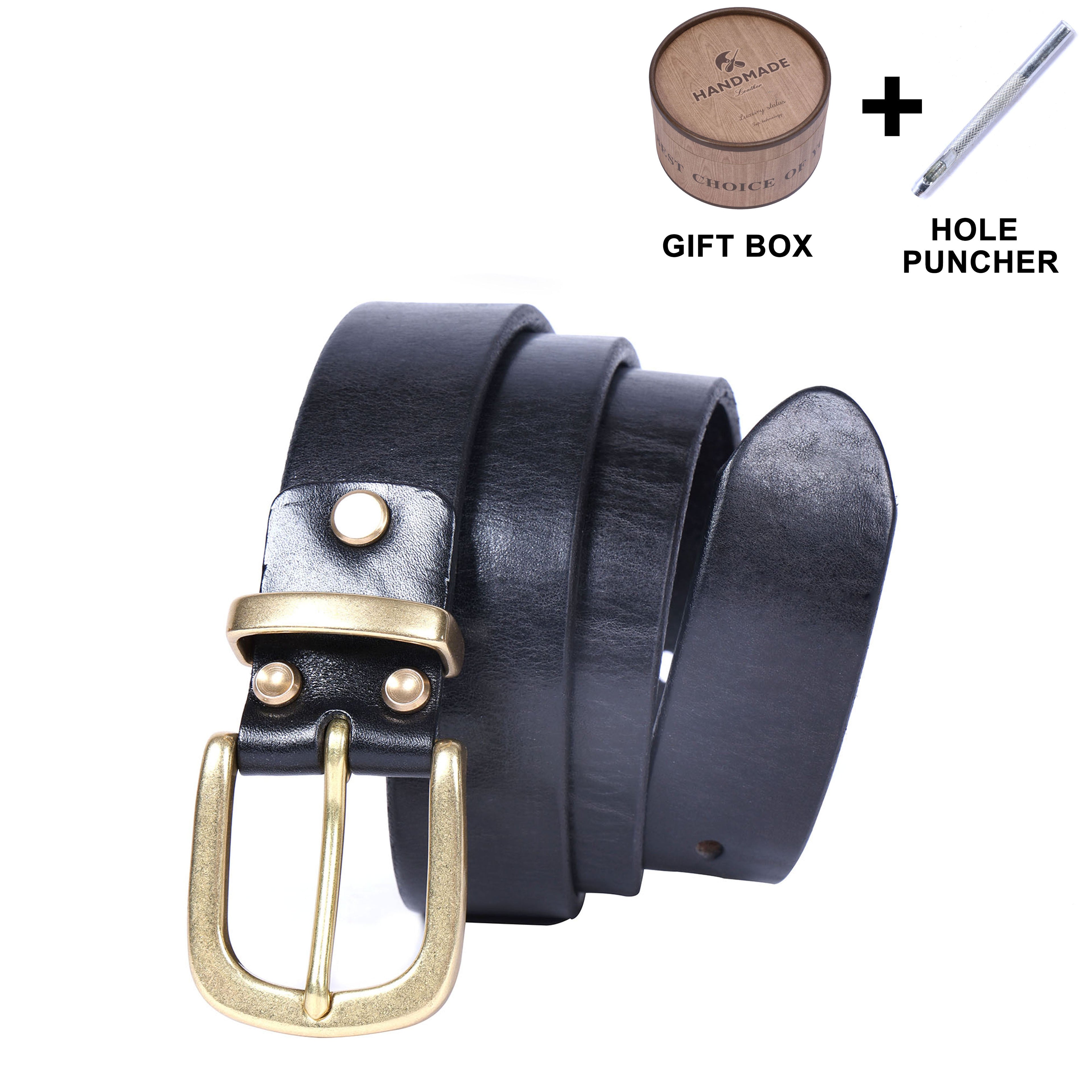 Genuine Leather Men's Belt & Thick Full Grain & Solid Brass Buckle