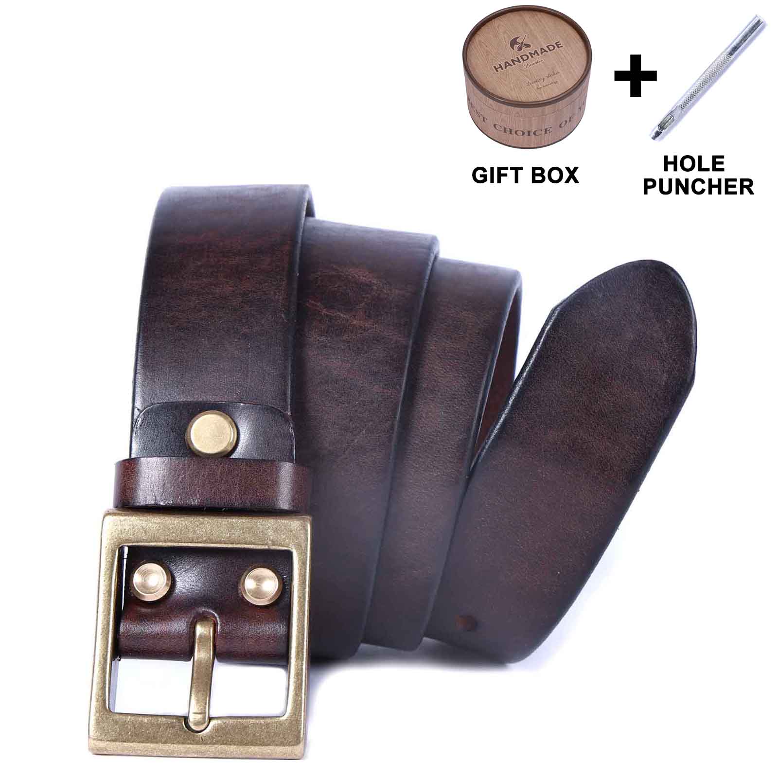 Genuine Leather Men's Belt & Thick Full Grain & Solid Brass Buckle