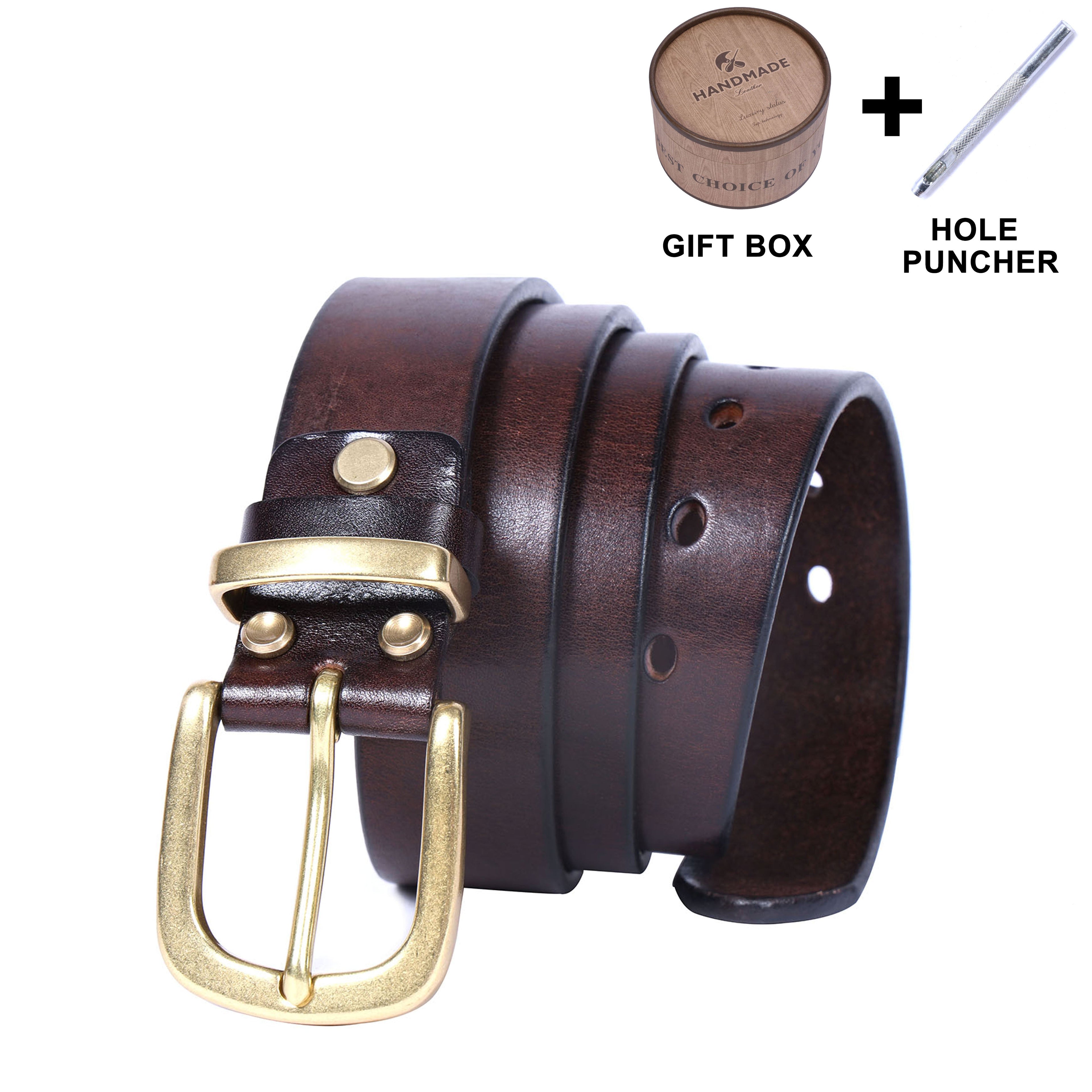 Genuine Leather Men's Belt & Thick Full Grain & Solid Brass Buckle