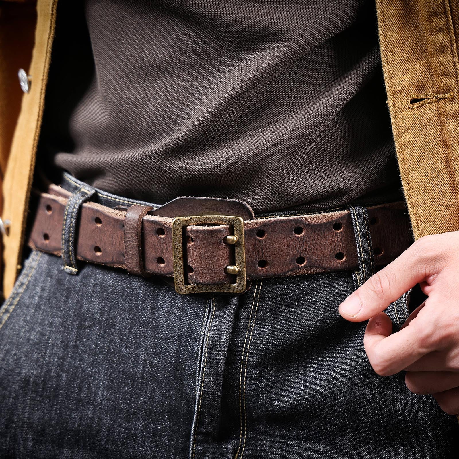 Genuine Leather Men's Belt & Thick Full Grain & Vintage Brass Buckle