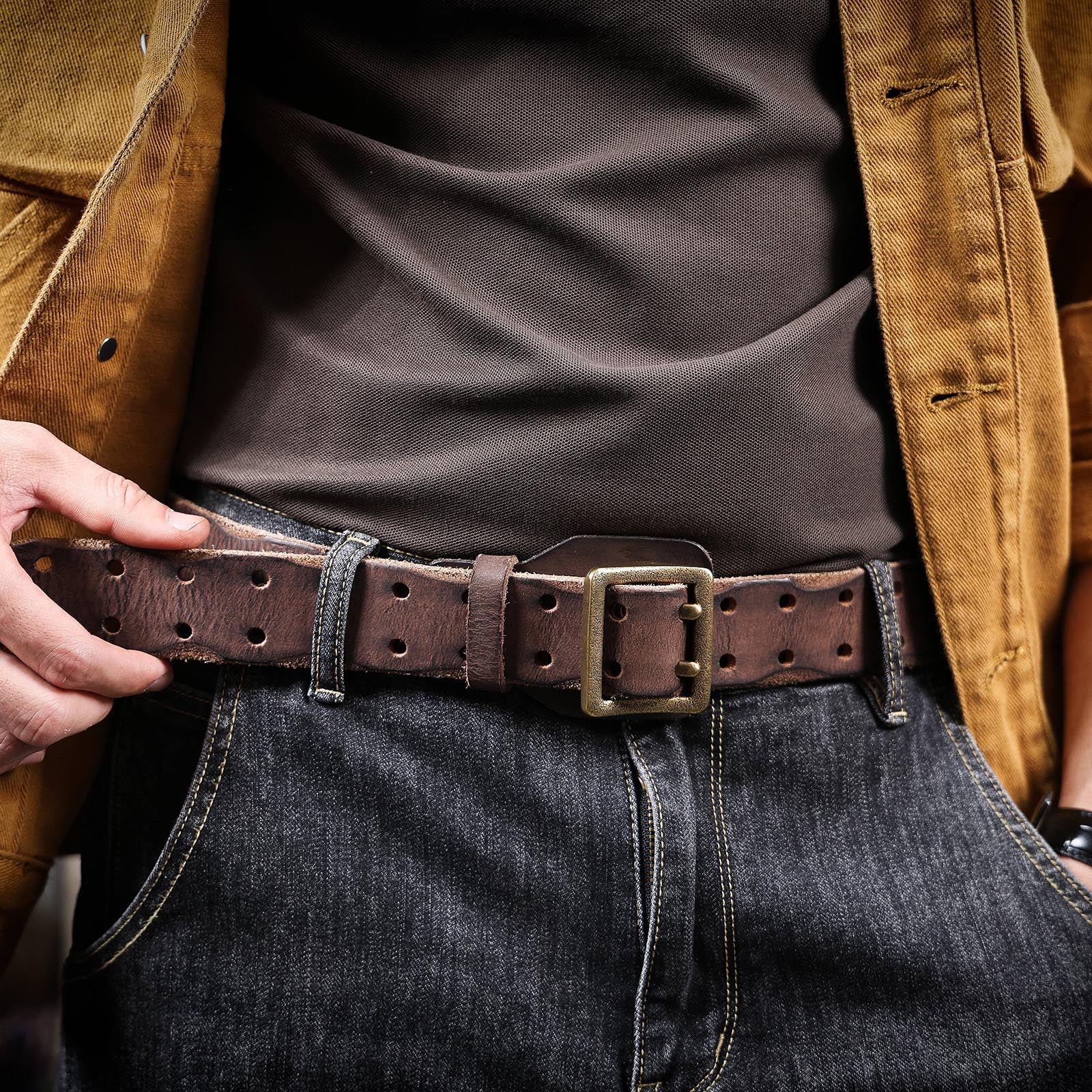 Genuine Leather Men's Belt & Thick Full Grain & Vintage Brass Buckle