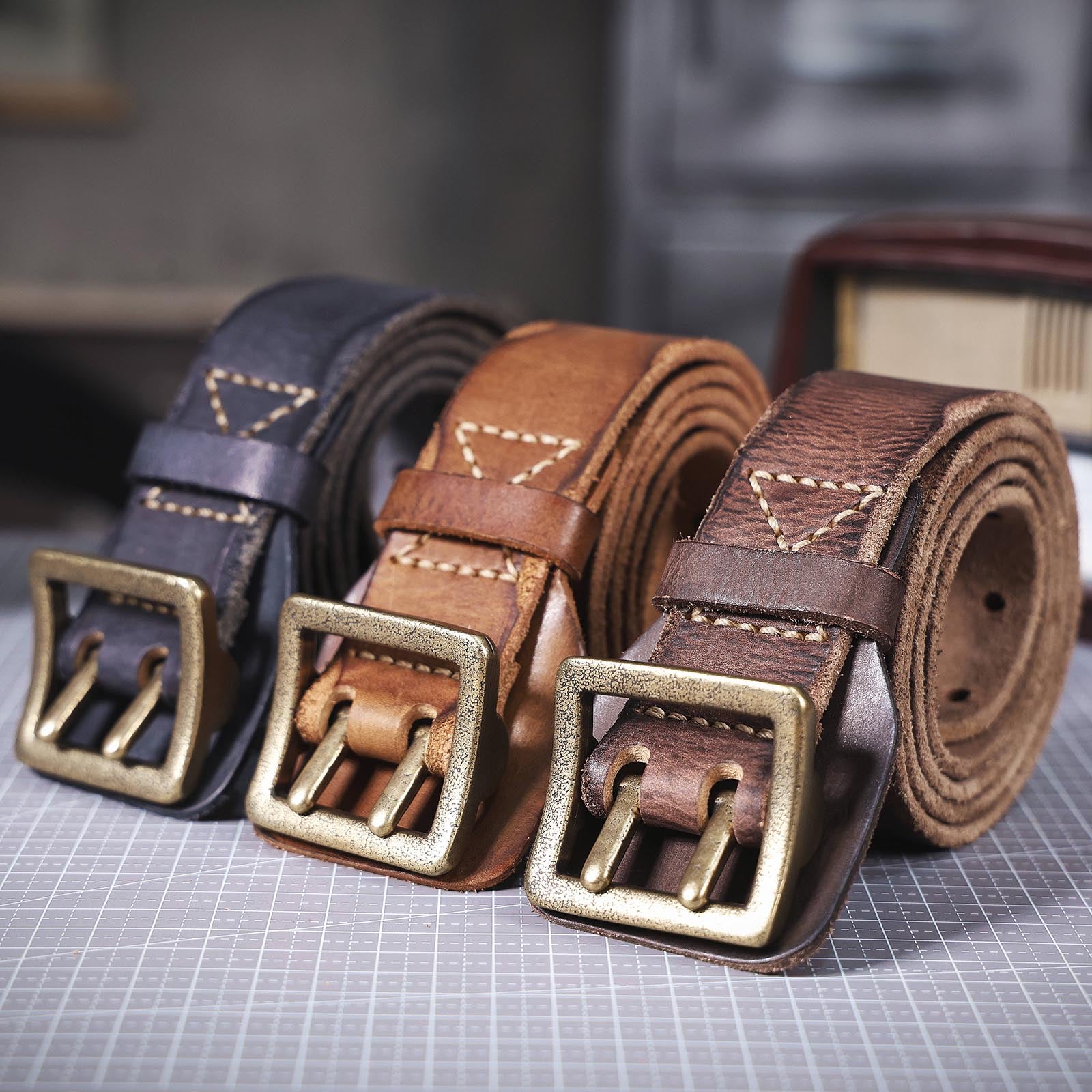 Genuine Leather Men's Belt & Thick Full Grain & Vintage Brass Buckle