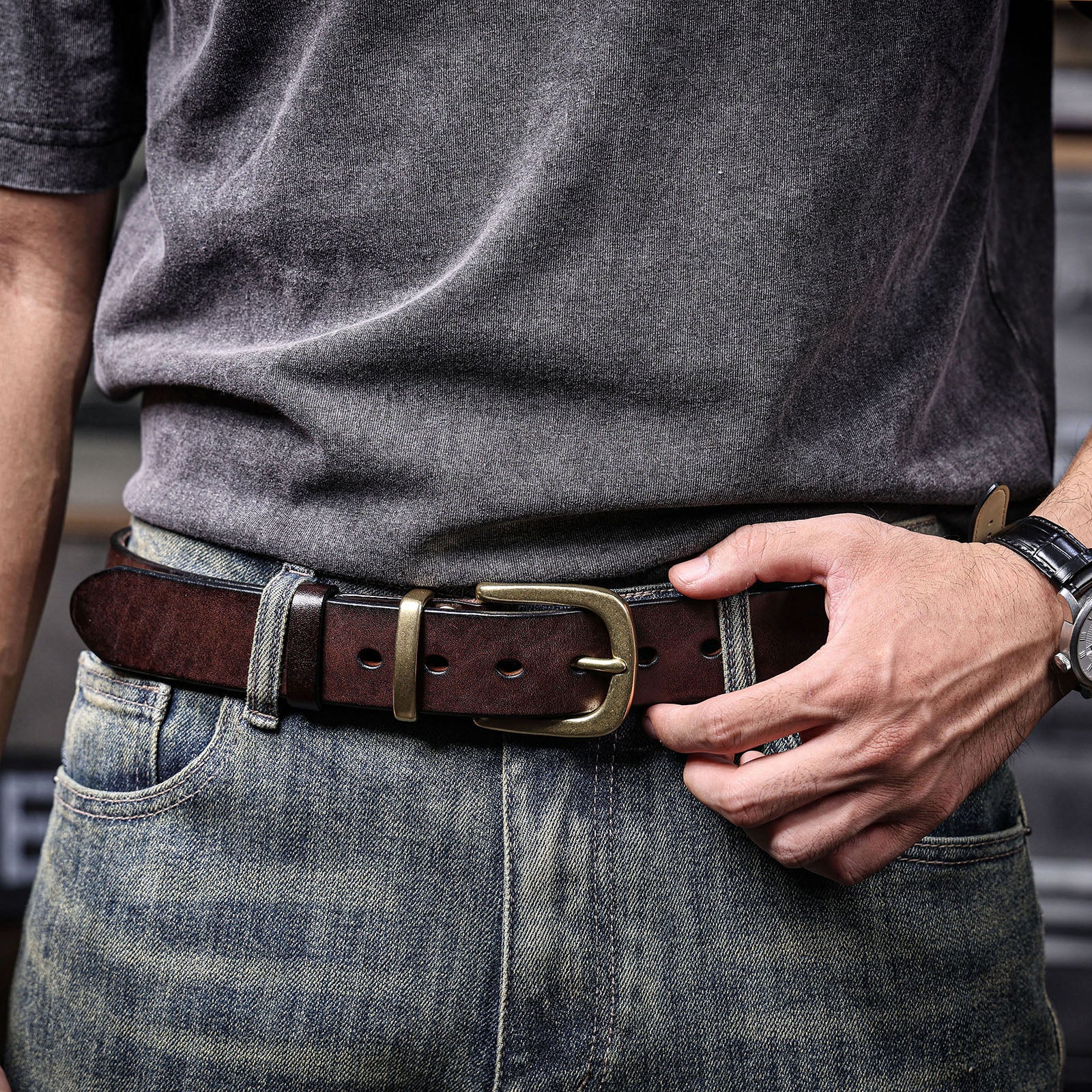Genuine Leather Men's Belt & Thick Full Grain & Solid Brass Buckle