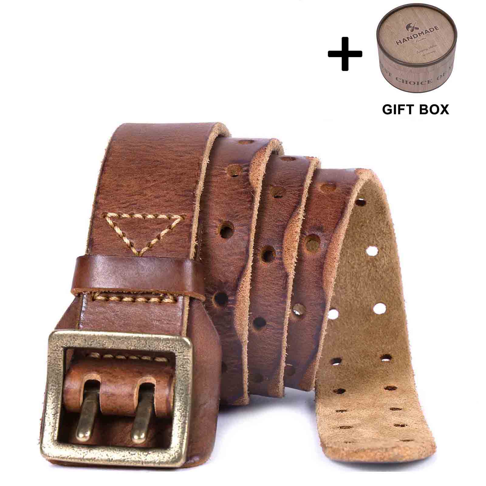 Genuine Leather Men's Belt & Thick Full Grain & Vintage Brass Buckle