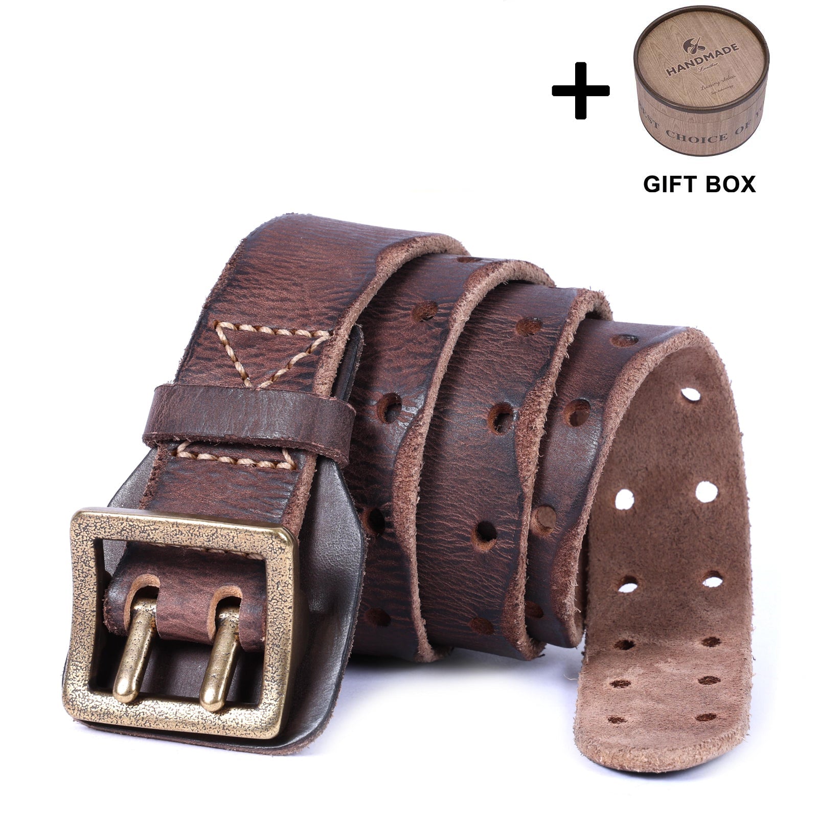 Genuine Leather Men's Belt & Thick Full Grain & Vintage Brass Buckle