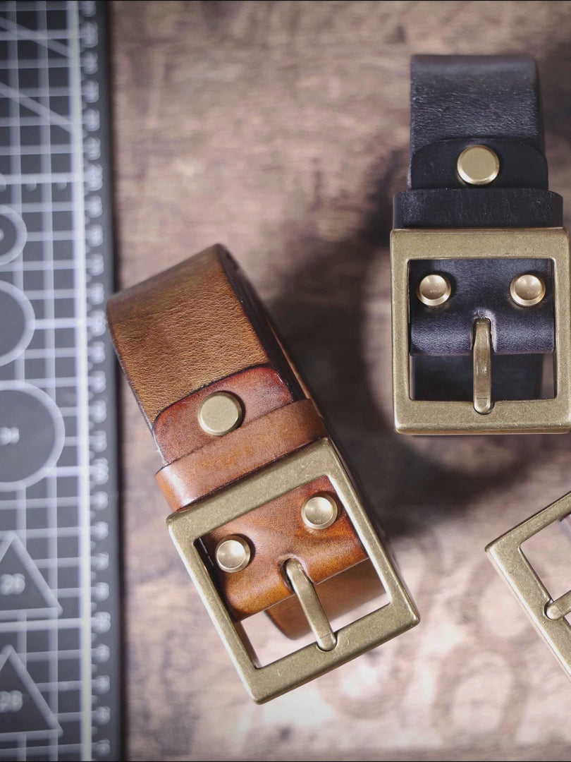 Genuine Leather Men's Belt & Thick Full Grain & Solid Brass Buckle