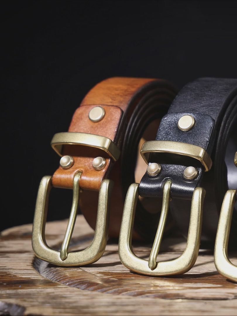 Genuine Leather Men's Belt & Thick Full Grain & Solid Brass Buckle